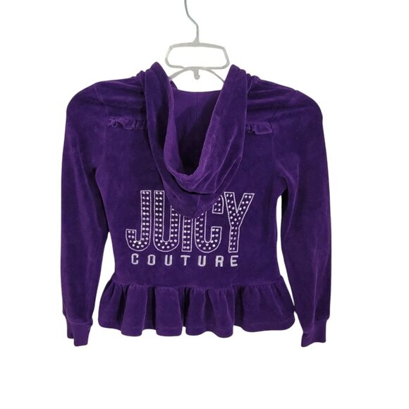 Juicy Couture Girls Purple Velour Full Zip Hoodie Studded Ruffled Hem Size 7 - Picture 2 of 11